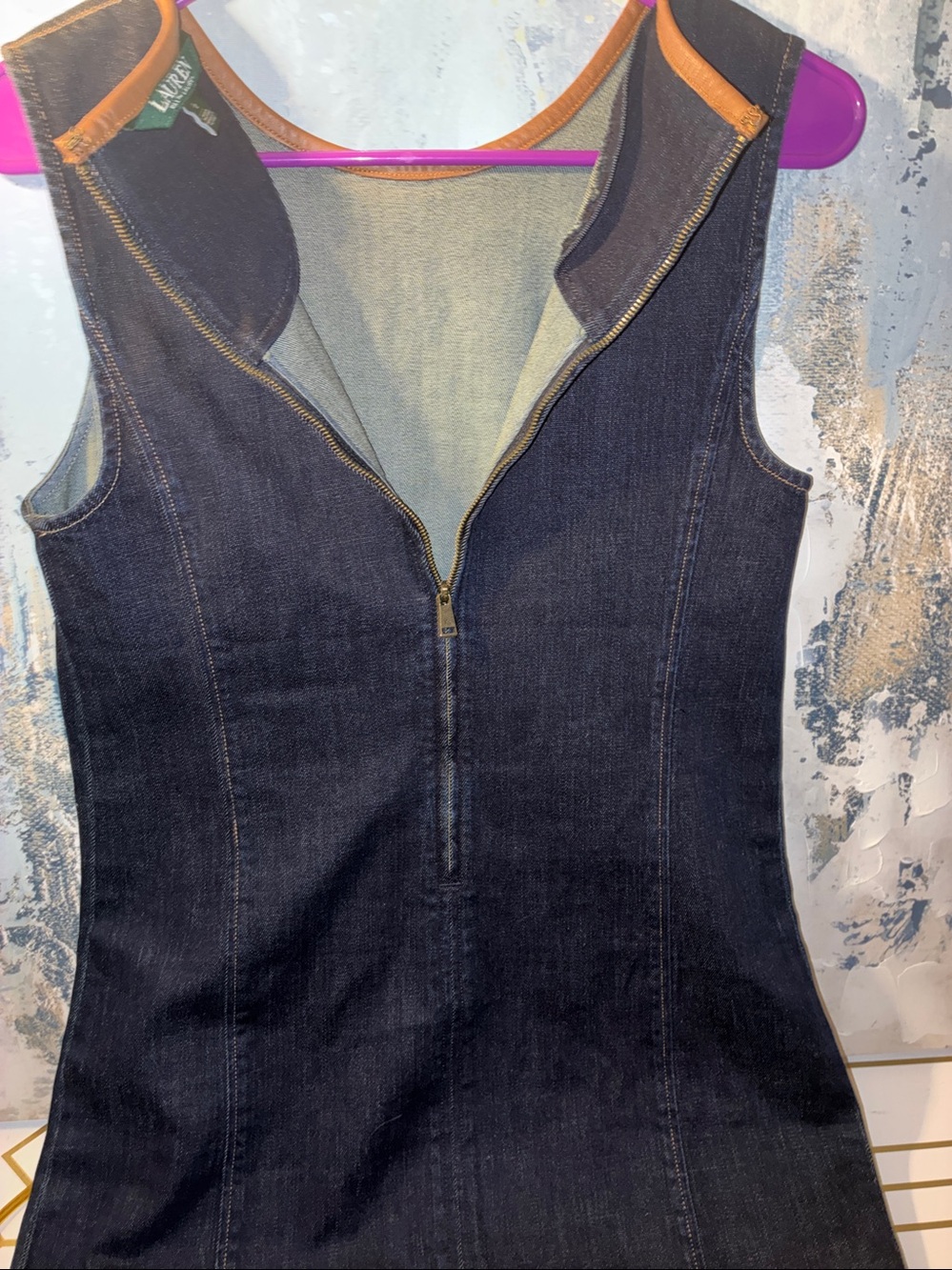 NWOT Lauren Ralph Lauren Black Denim Shift Dress with Genuine Leather  Neck Trim - Picture 13 of 15